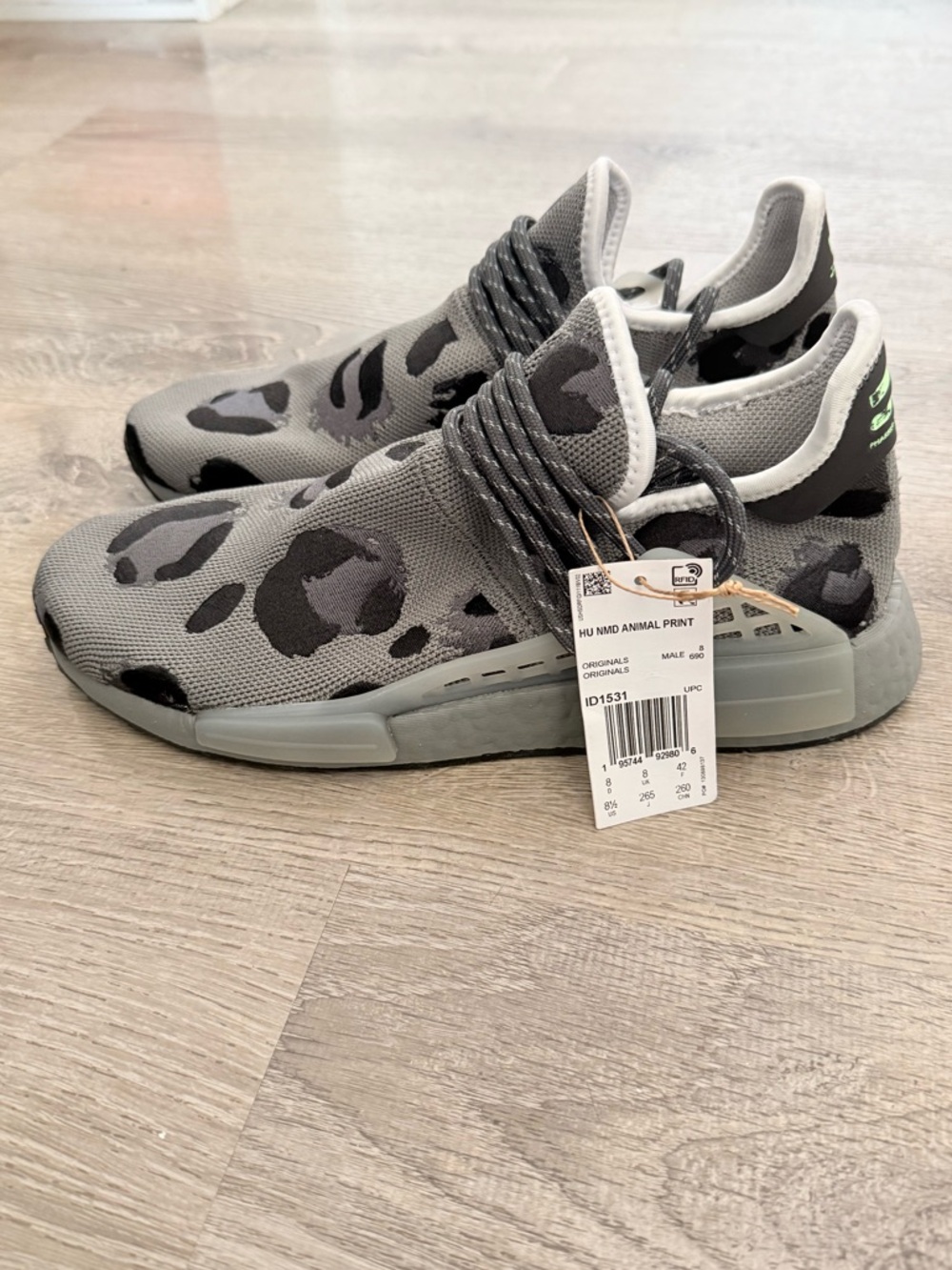 Adidas NMD Hu Pharrell Animal Print Ash Grey ID1531 Size 8.5